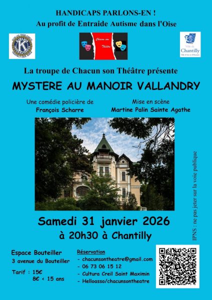 Théâtre « Mystère au manoir Vallandry » à l’Espace Bouteiller de Chantilly