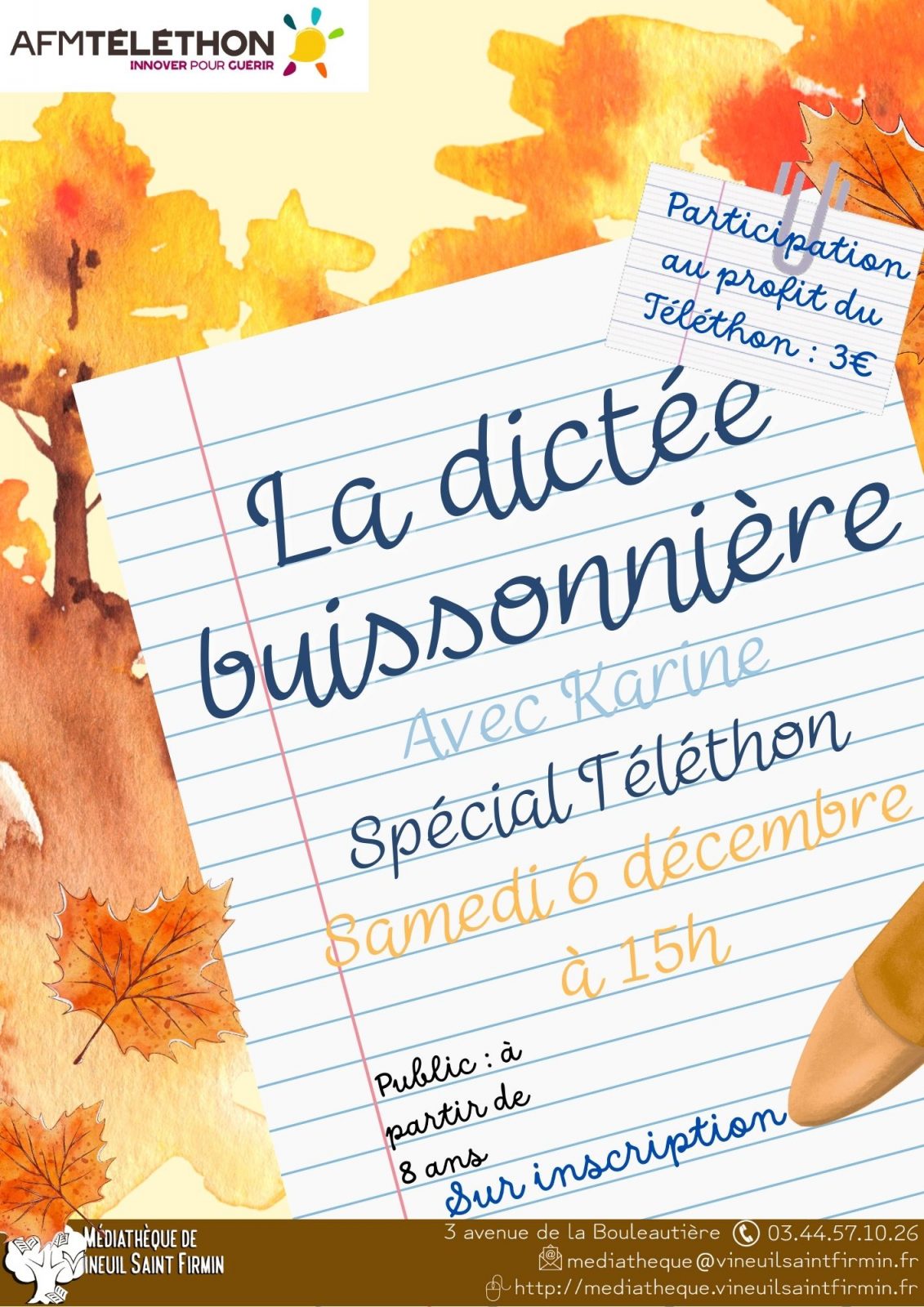 Dictée Buissonnière spécial Téléthon à la Médiathèque de Vineuil-Saint-Firmin