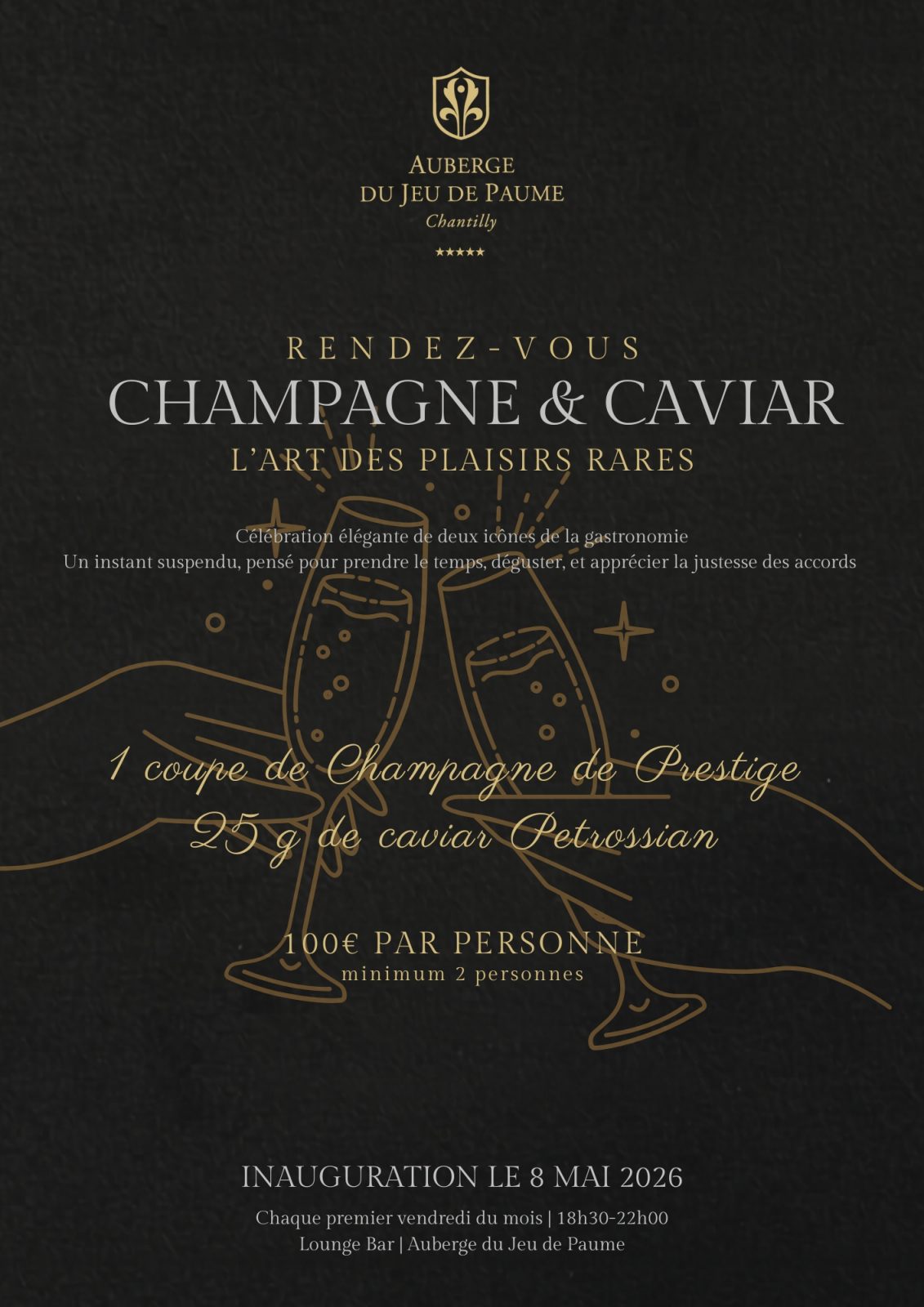 Rendez-vous « Champagne & Caviar : L’Art des Plaisirs Rares » à l&rsquo;Auberge du Jeu de Paume à Chantilly