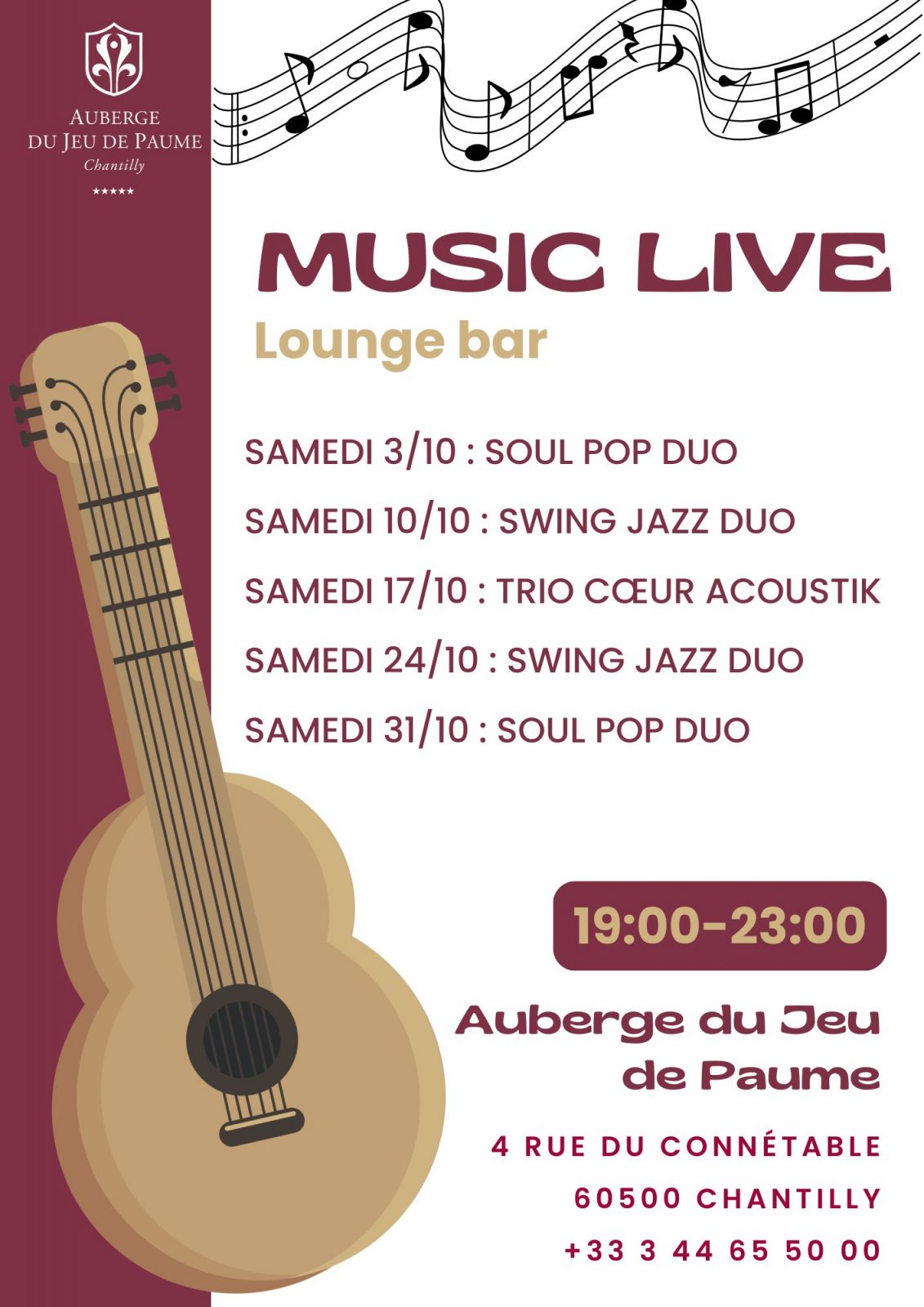 Soirée Music Live au Lounge Bar de l&rsquo;Auberge du Jeu de Paume à Chantilly