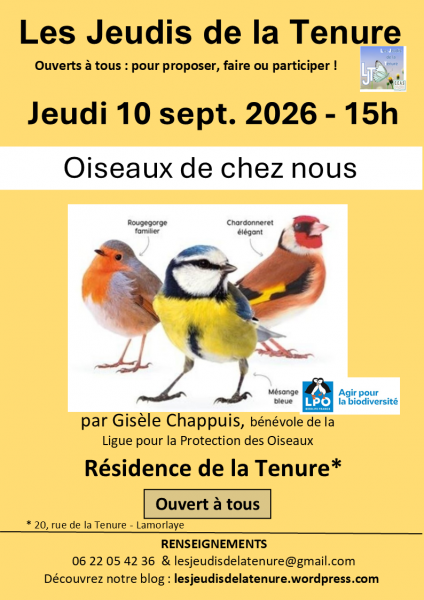 Les jeudis de la Tenure – Conférence « Oiseaux de chez nous » à Lamorlaye